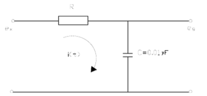 图所示RC电路中，已知C=0.01μF．若ex的幅值为100，频率为10kHz，并且输出端eg的相位