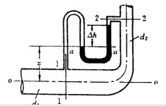 已知：U形水银压差计‘连接于直角弯管如图所示，d1=300mm，d2=100mm，管中流量Q=100