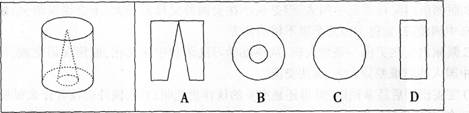一圆柱体如图所示从中挖掉一个圆锥体，然后从任意面剖开，下面哪一项不可能是该立体图形的截面？ A.一圆