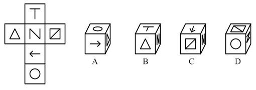 左边给定的是纸盒的外表面，下列哪一项能由它折叠而成？（）A. A B. B C. C D. D 请帮