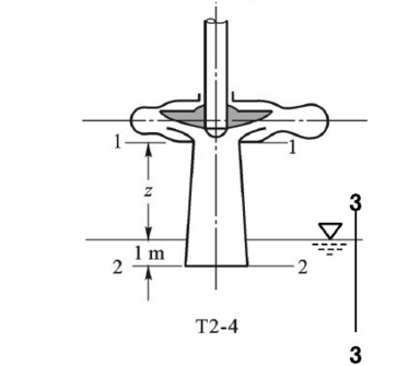 如图所示，在水轮的垂直锥形尾水管中，已知1－1断面的直径为0.6m，断面平均流速v1=6m／s，出口
