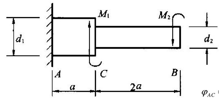 图所示的阶梯形圆轴受扭转力偶作用，材料的剪变模量为G，则相对扭转角φAC=______，在M1单独作