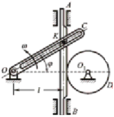 图示摇杆OC绕O轴转动，通过固定于齿条AB上的销子K带动齿条平移，而齿条又带动半径为0.1m的齿轮D