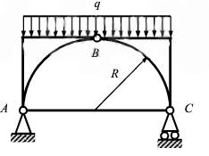 一拱由刚性块AB，BC和拉杆AC组成，受均布载荷q=90kN／m（如图所示)。若R=12m，拉杆的许