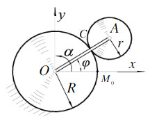 图示半径为r的齿轮由曲柄OA带动，沿半径为R的固定齿轮滚动．如曲柄OA以等角加速度α绕O轴转动，当运