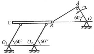在图示筛动机构中，筛子的摆动由曲柄连杆机构带动．已知曲柄OA的转速n0=40r／min，OA=0.3