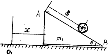 如图所示，在光滑的水平面上放置一个质量为m的三棱柱ABC，一质量为m1的均质圆柱沿三棱柱的斜面AB无