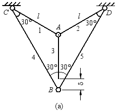 在图（a)所示杆系中，AB杆比名义长度略短，误差为δ。若各杆材料相同，横截面面积相等，试求装配后各杆