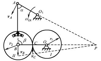 在图示瓦特行星传动机构中，平衡杆O1A绕O1轴转动，并借连杆AB带动曲柄OB绕定轴O转动；在O轴上还