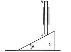 在图示机构中，直杆AB的质量为m，楔块C的质量为mC，倾角为θ，杆AB铅垂下降推动楔块水平运动．不计