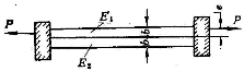 如图（a)所示，两根材料不同但截面尺寸相同的杆件，同时固定连接于两端的刚性板上，且E1＞E2。若使两