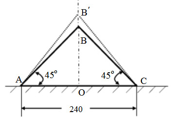图所示的三角形薄板因受外力作用而变形，角点B垂直向上的位移为0.03mm，但AB和BC仍保持为直线。