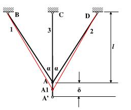在图示结构中，1、2杆的抗拉刚度为E1A1，3杆为E3A3，3杆长度为l＋δ，其中δ为加工误差。试求