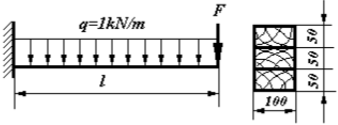 由三根木条胶合而成的悬臂梁截面尺寸如图所示，跨度l=1m。若胶合面上的许用切应力为0.34MPa，木