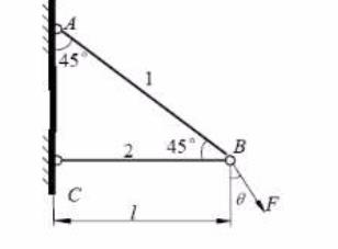 图示桁架在节点B承受力F作用，力F与铅垂线成θ角，∠ABC=45°。AB和BC杆的横截面积分别为A1