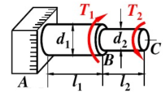 变截面钢轴上的Me2=1.8kN·m，Me3=1.2kN·m，直径d1=75mm，d2=50mm，材