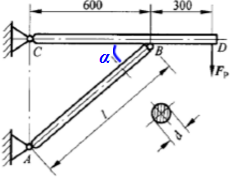 如图所示结构中，AB及AC均为圆截面杆，直径d=80mm，材料为A3钢，求此结构的临界载荷Fcr如图