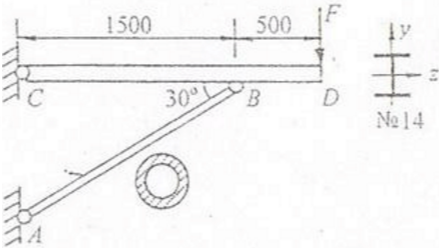 图示托架，CD杆为14工字钢，AB为圆管，外径D=50mm，内径d=40mm，两杆材料均为A3钢，比