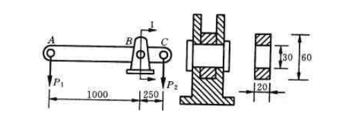 下图所示制动装置的杠杆，用直径d=30mm的销钉支撑于B处。已知杠杆的容许应力[σ]=160MPa，