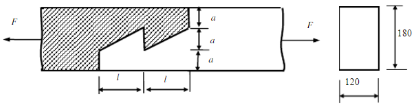 下图所示矩形截面木质拉杆接头，已知接头尺寸a=60mm，l=120mm；材料的容许拉应力[σ]=5M