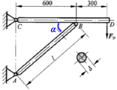 如图所示托架中的AB杆为圆截面直杆，直径d=40mm，长度l=800mm，其两端可视为铰接，材料为A