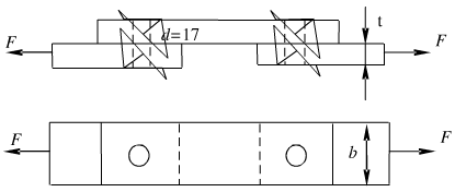 图示铆接头受拉力F=24kN作用，上下钢板尺寸相同，厚度t=10mm，宽b=100mm，许用应力[σ