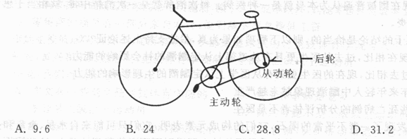 下图是一辆自行车，主动轮有36齿，从动轮有18齿，后轮直径为65厘米，如果每秒蹬2圈，则这辆自行车的