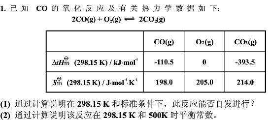 已知CO的氧化反应及有关热力学数据如下：                  CO（g)      O