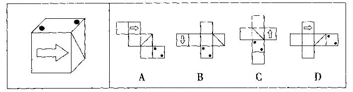 下面四个所给的选项中，哪一项能折成左边给定的图形？A.AB.BC.CD.D下面四个所给的选项中，哪一