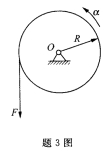 如图所示，均质滑轮的质量m=30kg，半径R=0．2m，其上作用一力F=30kN，则滑轮产生的角加速