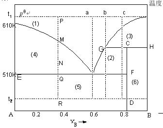 已知二组分A，B系统相图6－28所示。（1)画出a，b，c三系统由t1冷却到t2的步冷曲线，注明其转