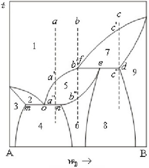 某A－B二组分凝聚系统相图如图6－14所示。  （1)指出各相区稳定存在的相；  （2)指出图中的三
