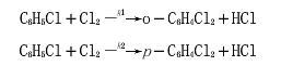 当I2作为催化剂时，氯苯（C6H5Cl)与Cl2在CS2（1)溶液中发生如下的平行反应（均为二级反应