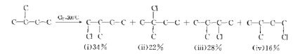 异戊烷氯代时产生四种可能的异构体，它们的相对含量如下：    上述的反应结果与游离基的稳定性为3°＞