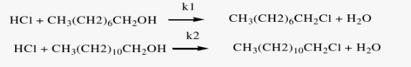 复杂反应的转化率和收率  盐酸、辛醇和十二醇的混合液反应式为      为一平行反应，辛醇（A)和十