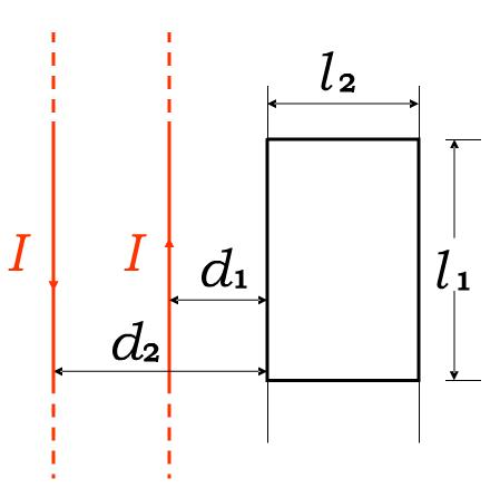 在两平行长直载流导线的平面内，放置一矩形线圈，如下图所示，如导线中电流I随时间变化，试求线圈中的感应