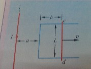 一长直导线载有I=10A的电流，旁边放一长方形的平面线圈，其中可动部分cd长L=0.2m，以v=4.