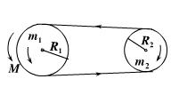 如图所示，两个匀质圆盘质量分别为m1、m2，半径分别为R1、R2，各自可绕互相平行的固定水平轴无摩擦