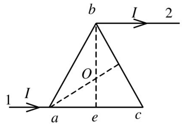 在真空中，电流I由长直导线1沿垂直bc边方向经a点流入一电阻均匀分布的正三角形线框，再由b点沿平行a