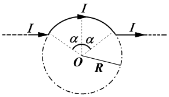 如图11－27所示，一根无限长的直导线，通有电流I，中部一段弯成半径为a的圆弧形，求图中P点的磁感应