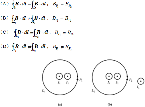 在下图a、b中各有一半径相同的圆形回路L1、L2。圆周内有电流I1、I2，其分布相同，且均在真空中，