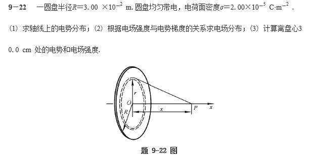 一圆盘半径R=3.00×10－2m，圆盘均匀带电，电荷面密度σ=2.00×10－5C·m－2。一圆盘