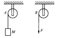 如图所示，A、B为两个相同的定滑轮并绕有细绳，A轮上挂一质量为m的物体，B轮受拉力F，而且F=mg，
