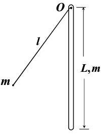 如图所示，一均匀直棒长为l，质量为m0，其上端挂在光滑水平轴O上，初始时刻自由下垂．有一质量为m的子