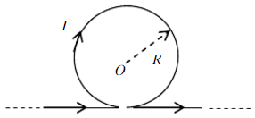 一载流导线变成如图4－5所示形状，电流强度为I，则圆心O点处磁感应强度大小为B0=______，方向