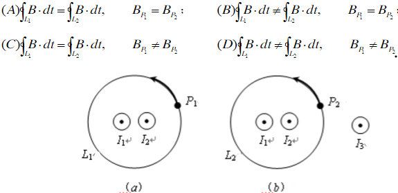 在图（ａ)、（b)中各有一半径相同的圆形回路L1、L2，圆周内有电流I1、I2，其分布相同，且均在真