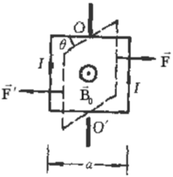 一边长为a的正方形线圈，载有电流I，处在均匀外磁场B0中，B0的方向如图所示。线圈可绕通过中心的竖直