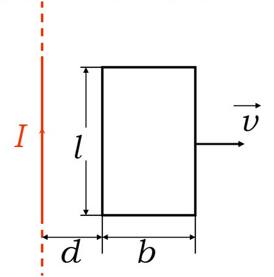 如图12－10所示，一长直导线通有电流I=0.5A，在与其相距d=5.0cm处放有一矩形线圈，共10