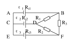 如图所示电路，ε1=6.0V，ε2=4.5V，ε3=2.5V，Ri1=0.2Ω，Ri2=0.1Ω，R