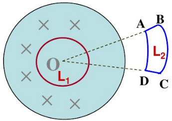 如图所示，一均匀磁场被限制在半径为R的圆柱面内，磁场随时间作线性变化．问图中所示闭合回路L1和L2上